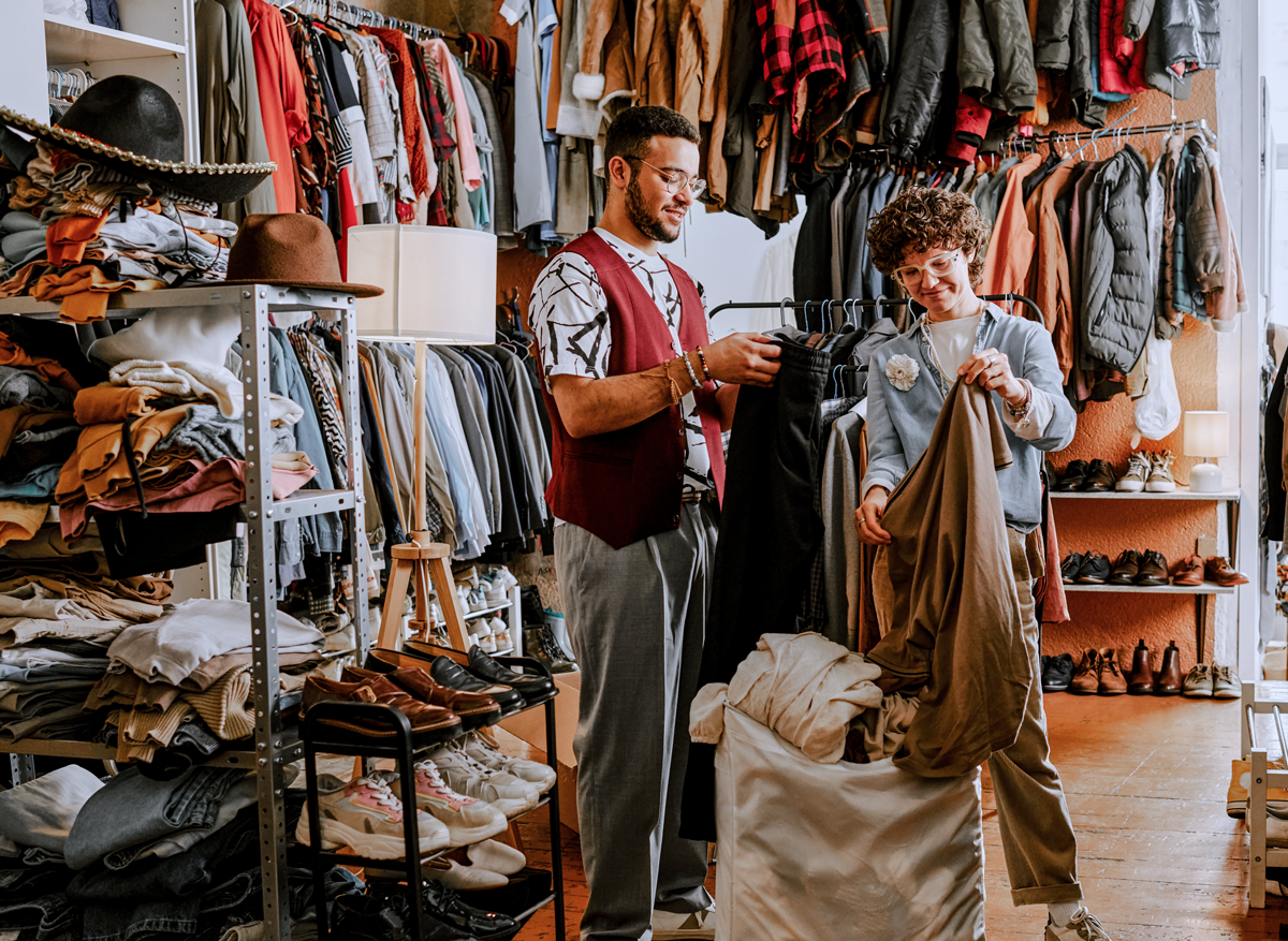 secondhand retail workers determining value and pricing clothing